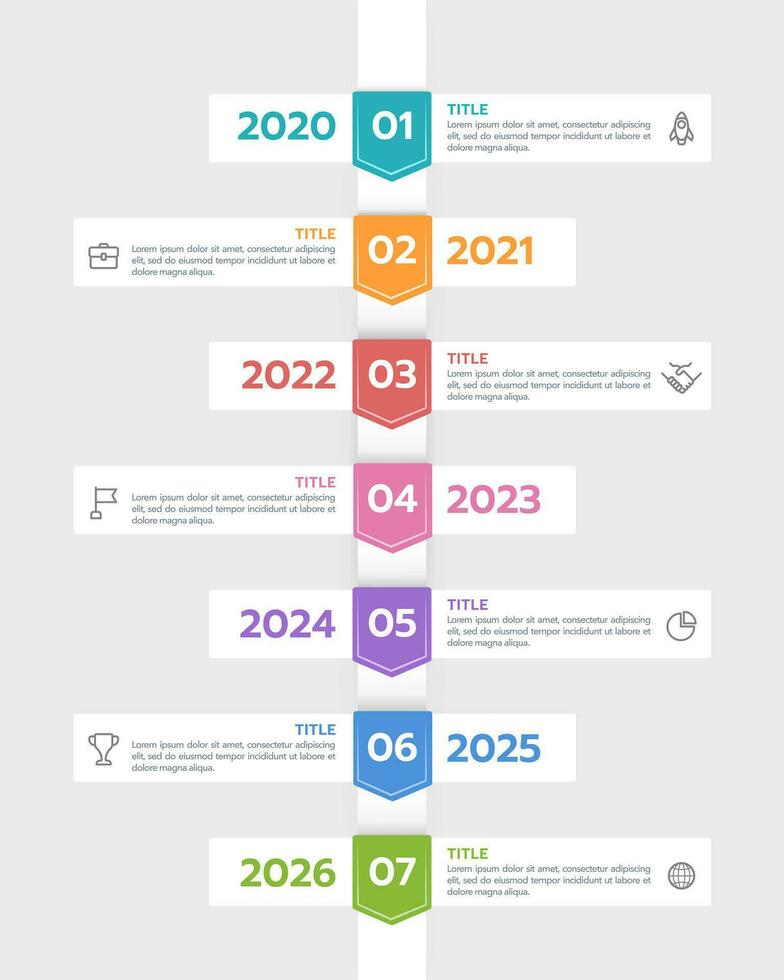Infographics timeline 7 options or steps. Presentation, Anniversary, milestone, and roadmap. Vector illustration.