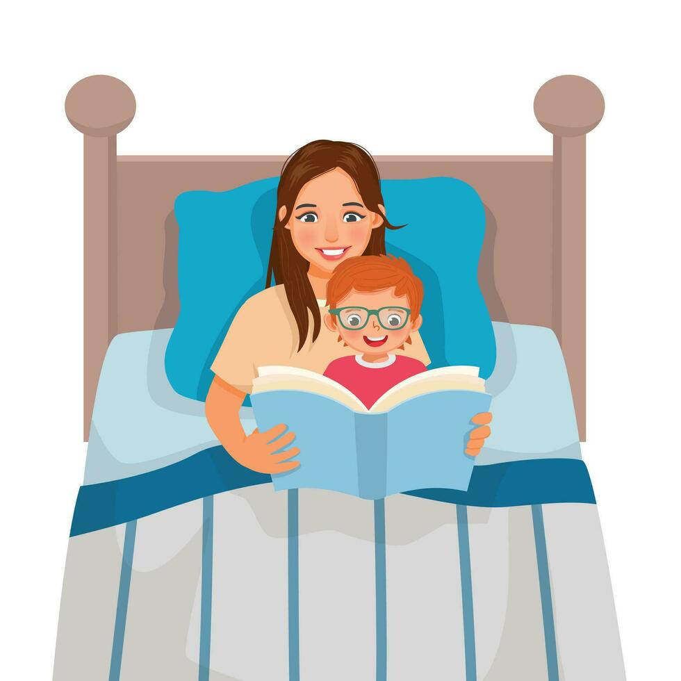 joven madre leyendo hora de acostarse historia libro a su hijo en el cama vector