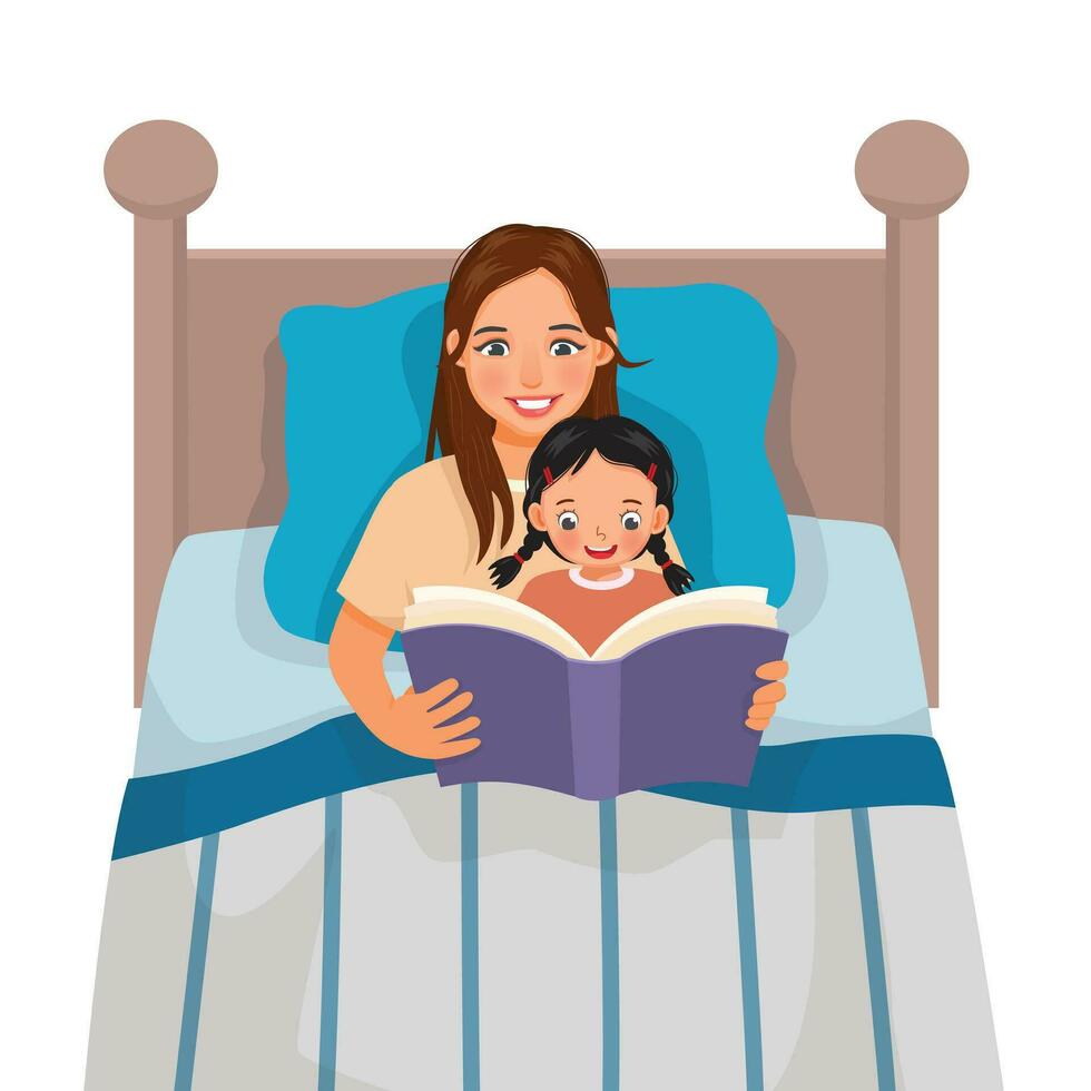 Young mother reading bedtime story book to her daughter in the bed vector