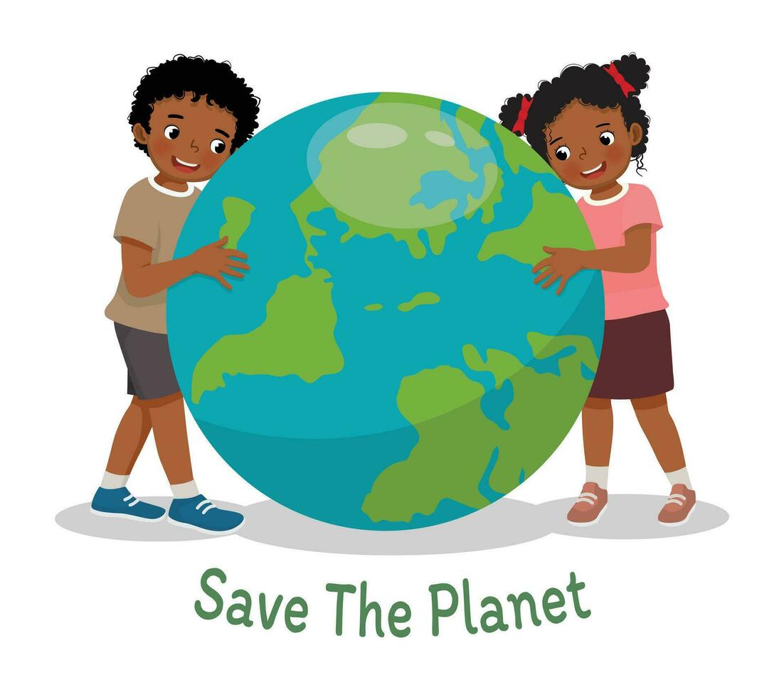 Cute African kids hugging earth globe showing care for the planet celebrating earth day vector