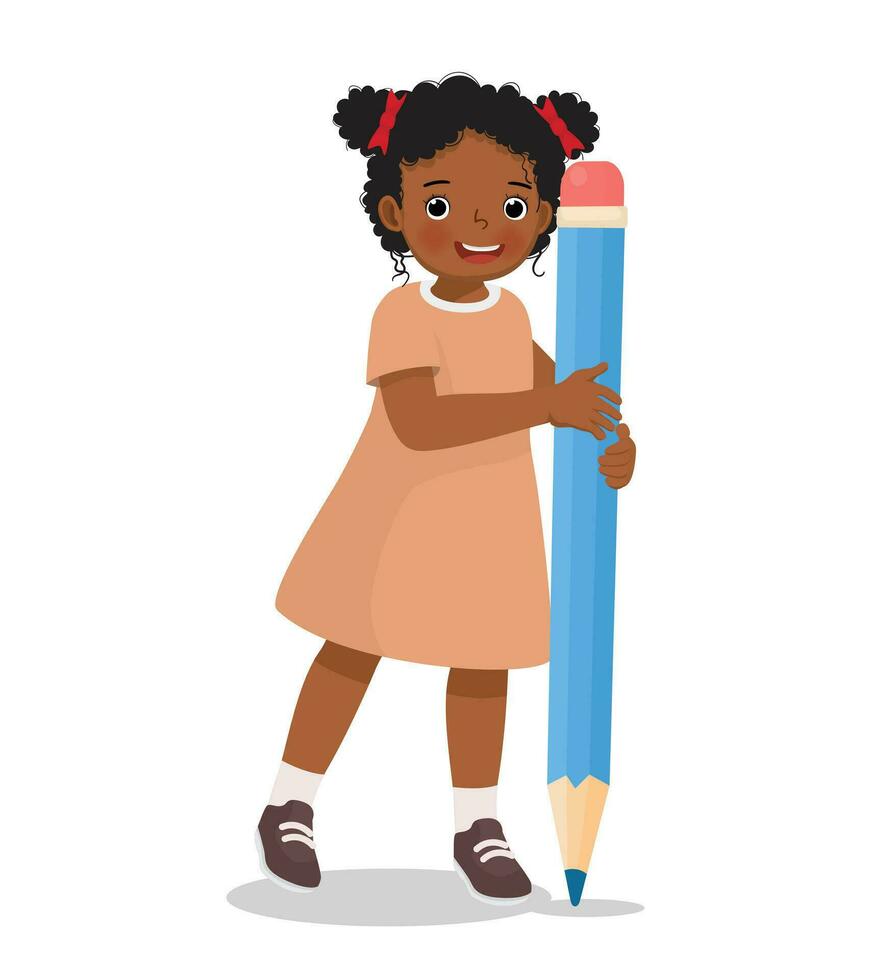 Cute little African school girl holding big pencil writing on the floor vector