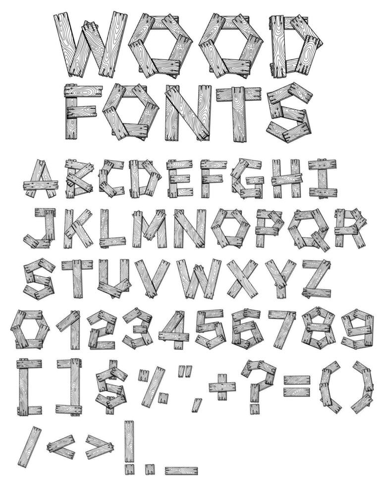 Alphabet wooden plank fonts letters and numbers. Hand drawn vector illustration.