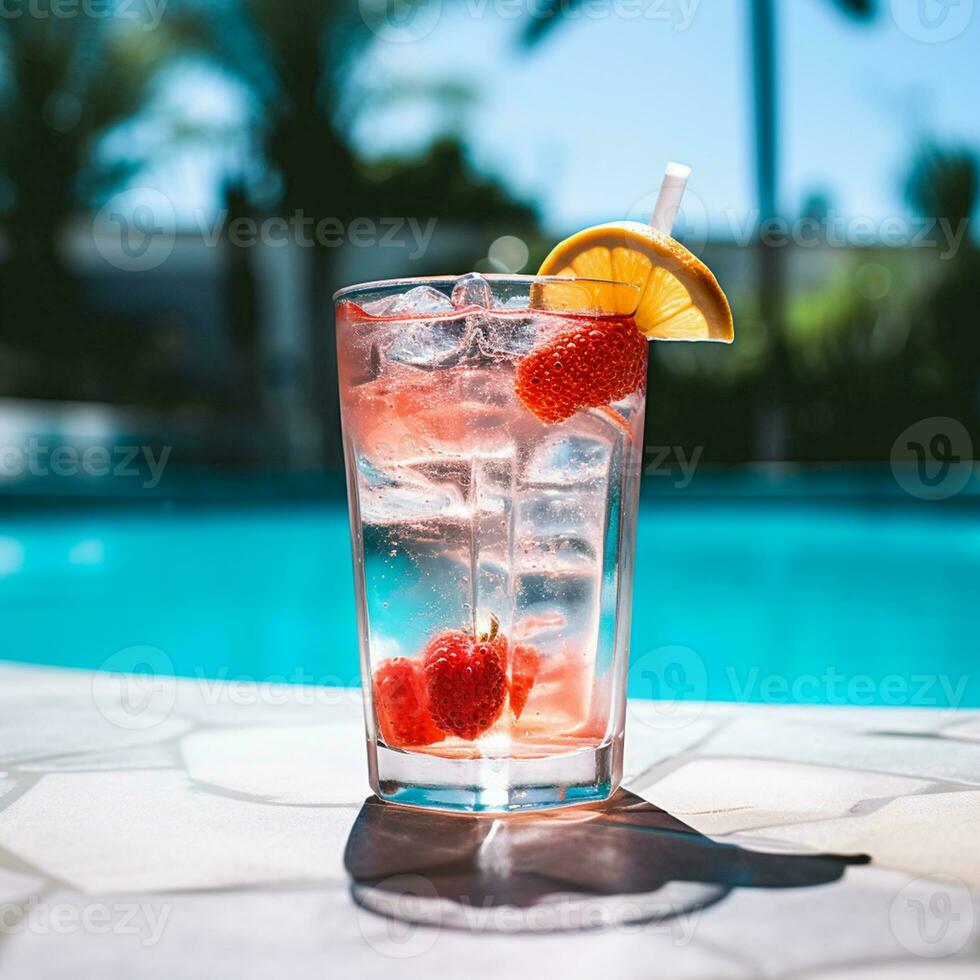 ai generativo verano frío bebida foto en piscina