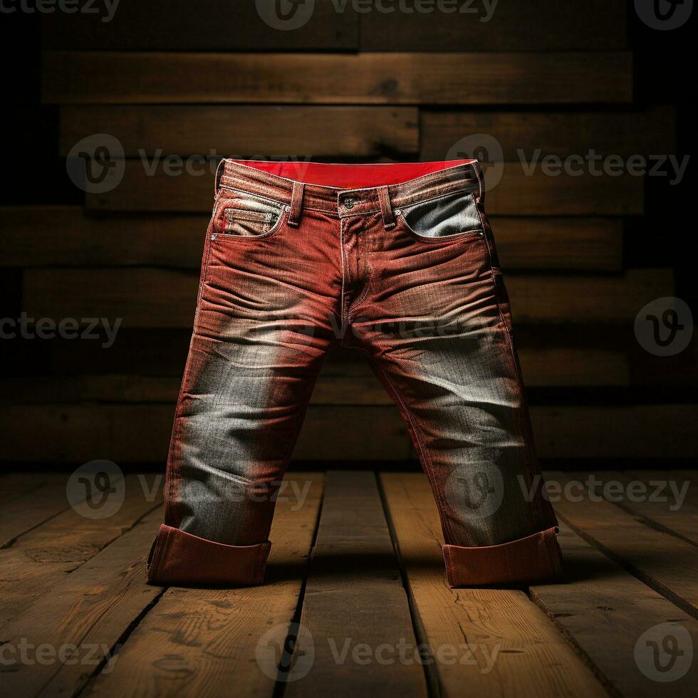 Ai Generated blue jeans denims with wood background photo