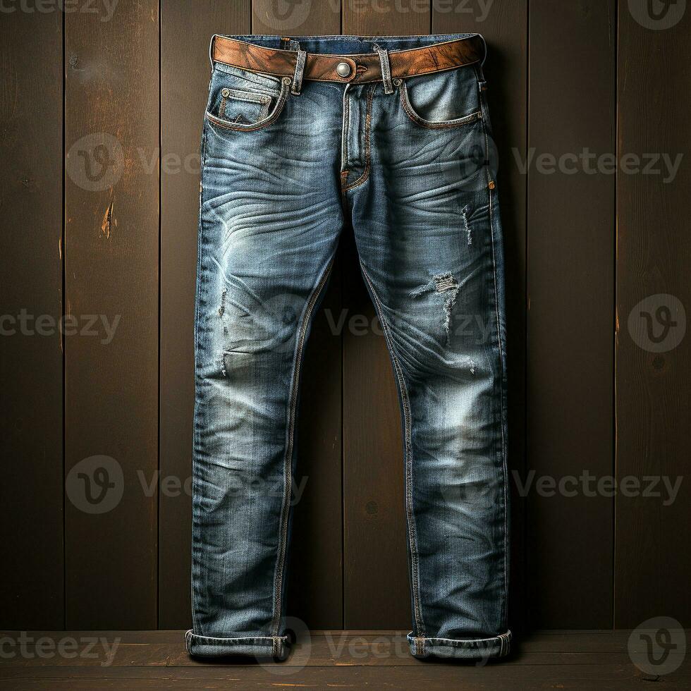 Ai Generated blue jeans denims with wood background photo