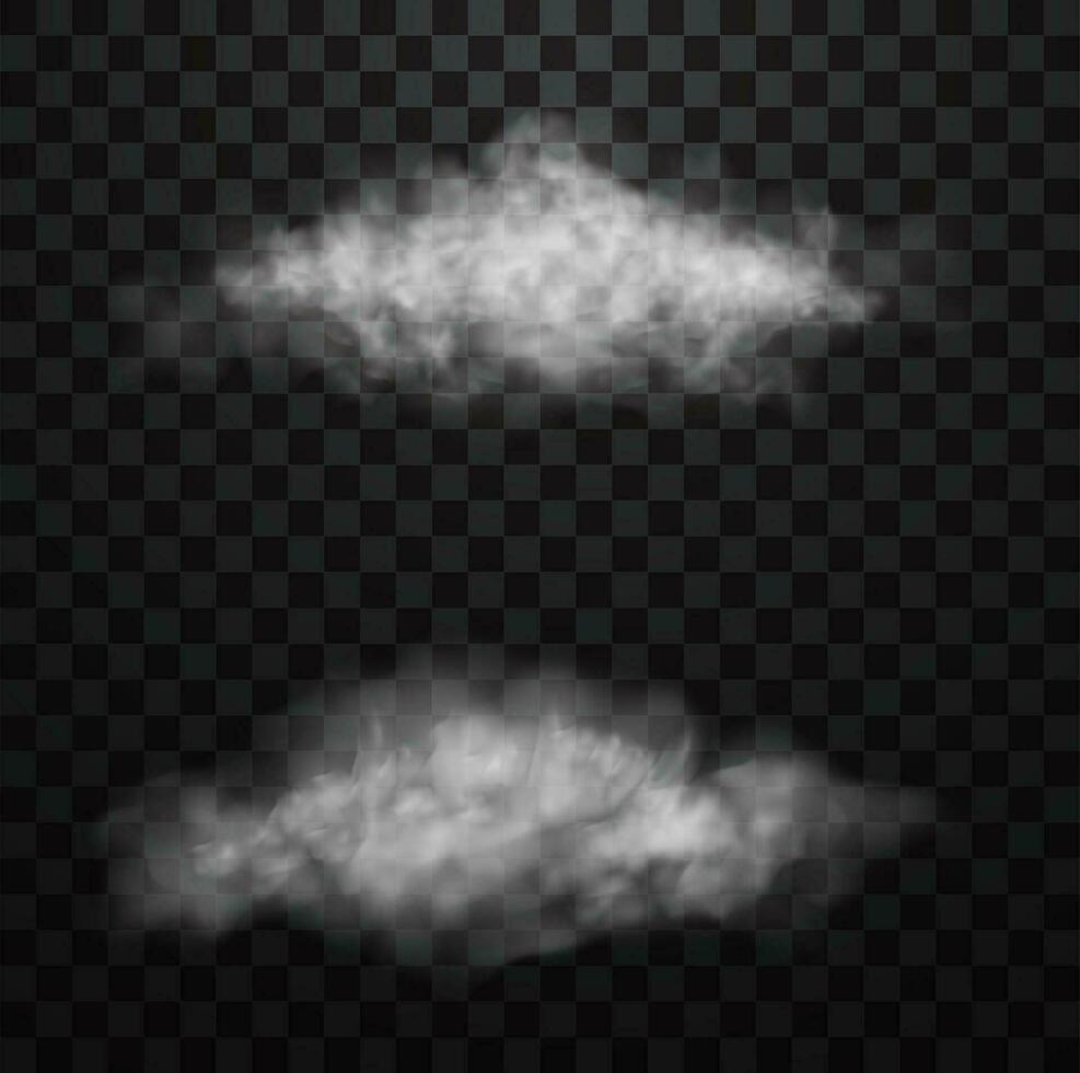 White realistic fluffy clouds or fog or smoke on transparent background vector