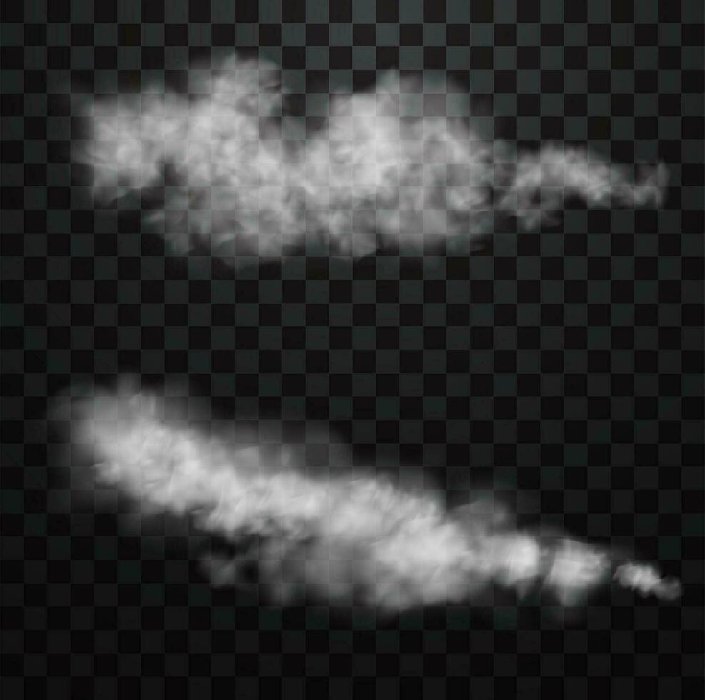 White realistic fluffy clouds or fog or smoke on transparent background vector
