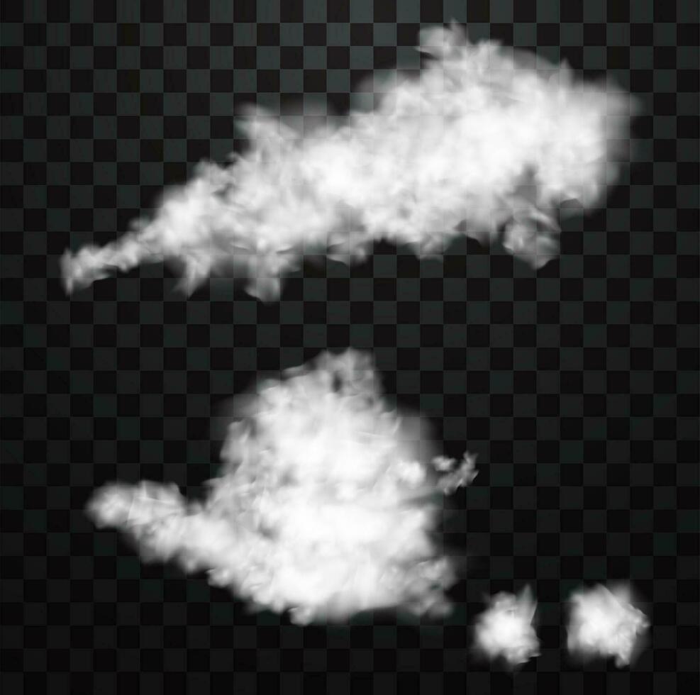 White realistic fluffy clouds or fog or smoke on transparent background vector