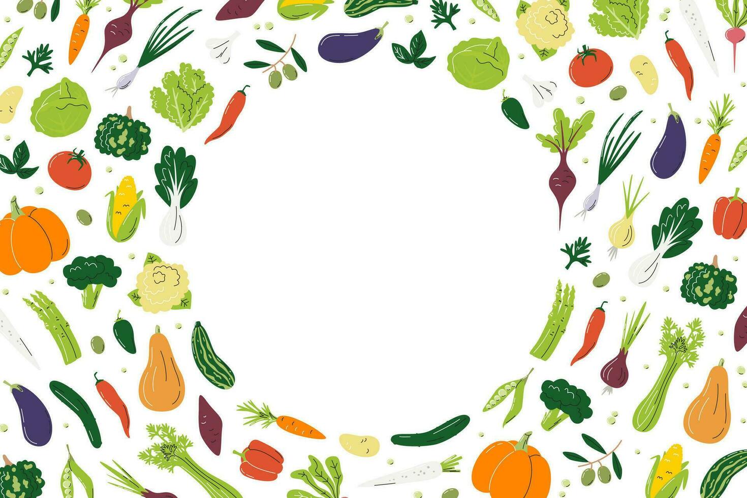 Rectangular template with various veggies. Round shaped place for information in the middle. Banner with ripe farmers local products. Vegetables hand drawn flat vector illustration with copy space