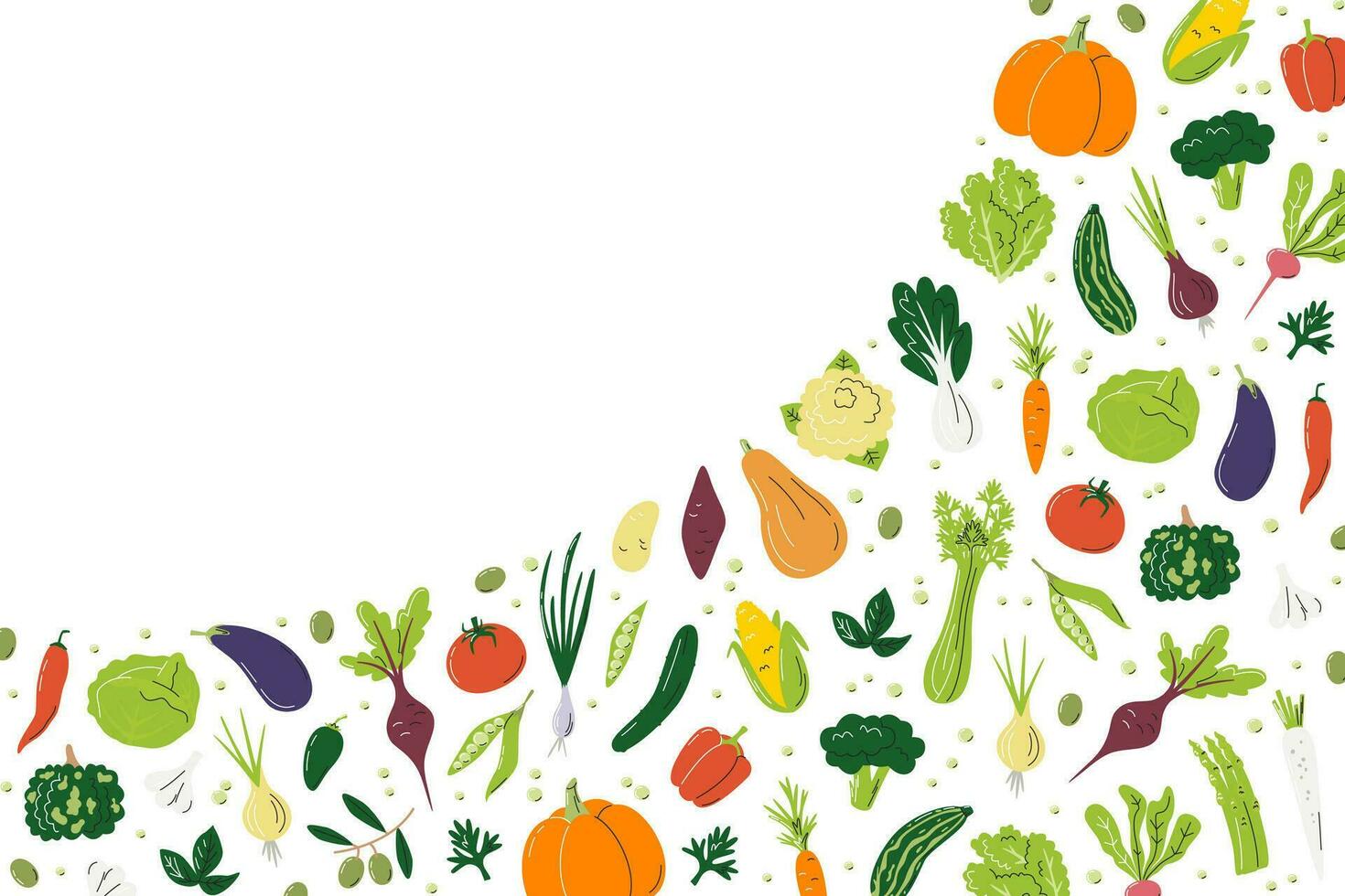 Rectangular banner with copy space for local markets. Farmer's agricultural products free form design concept. Composition of vegetables. Veggies hand drawn flat vector illustration isolated on white