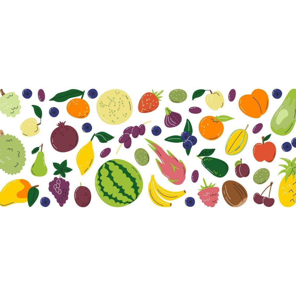 Fruity horizontal banner isolated. Juicy composition of exotic food. Fresh local farmers agricultural products. Harvesting season. Fruit set hand drawn flat vector illustration on negative background
