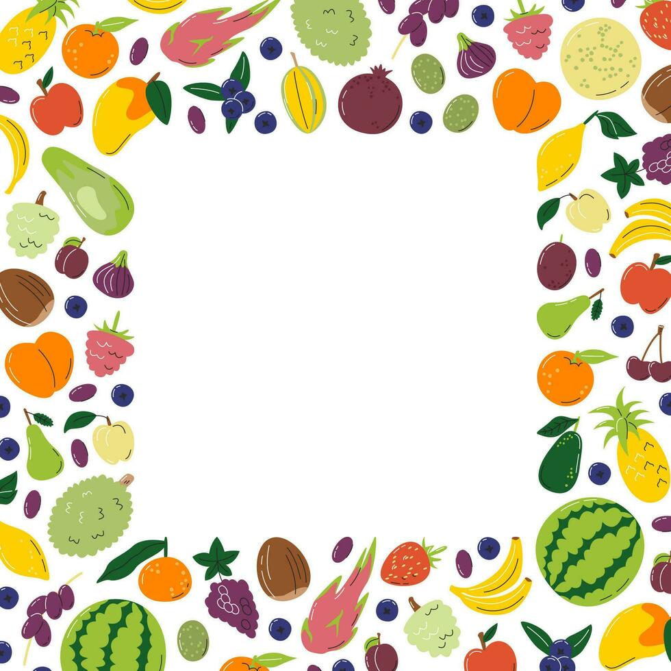 Juicy fruits frame concept design. Fruity nutrition square banner with copy space. Exotic various organic agricultural local farmers products. Fresh tropical fruit hand drawn flat vector illustration