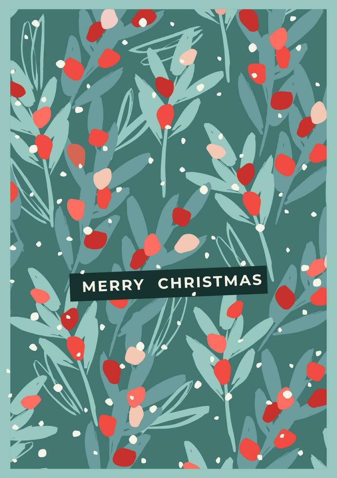 Christmas and Happy New Year illustration with with branches, leaves, berries, snowflakes. Trendy retro style. Vector design template.