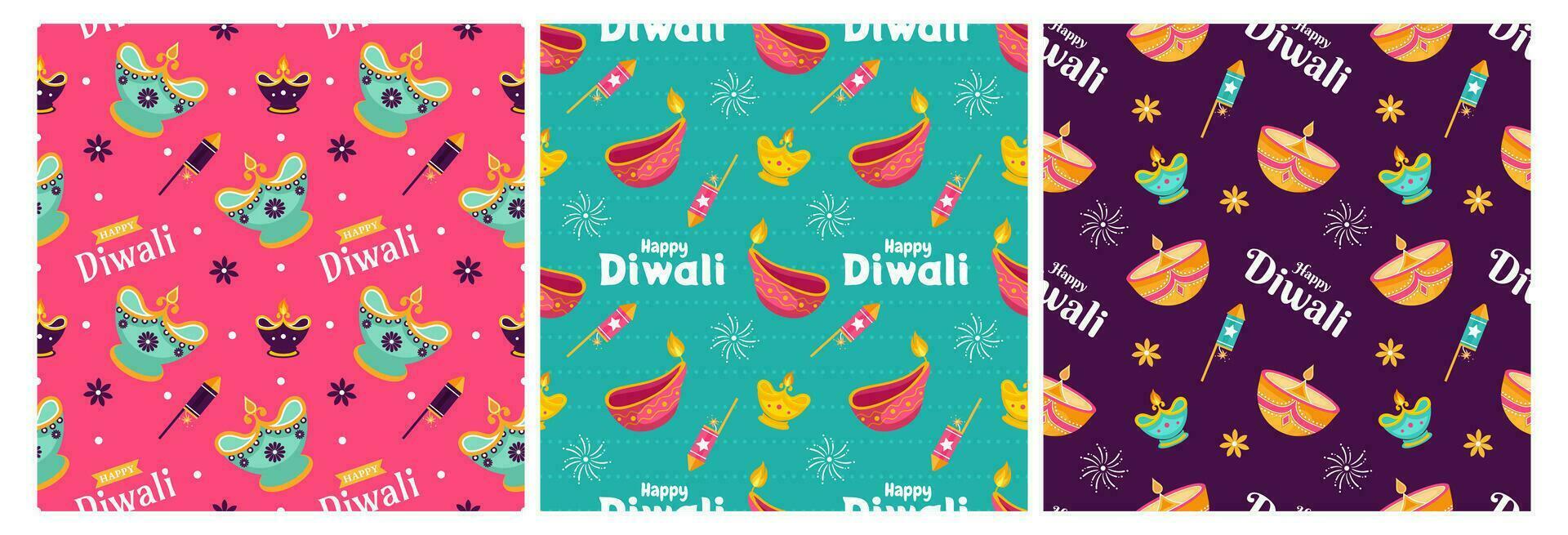 Set of Happy Diwali Seamless Pattern Illustration Design with Light Festival of India Ornament in Cartoon Hand Drawn Template vector
