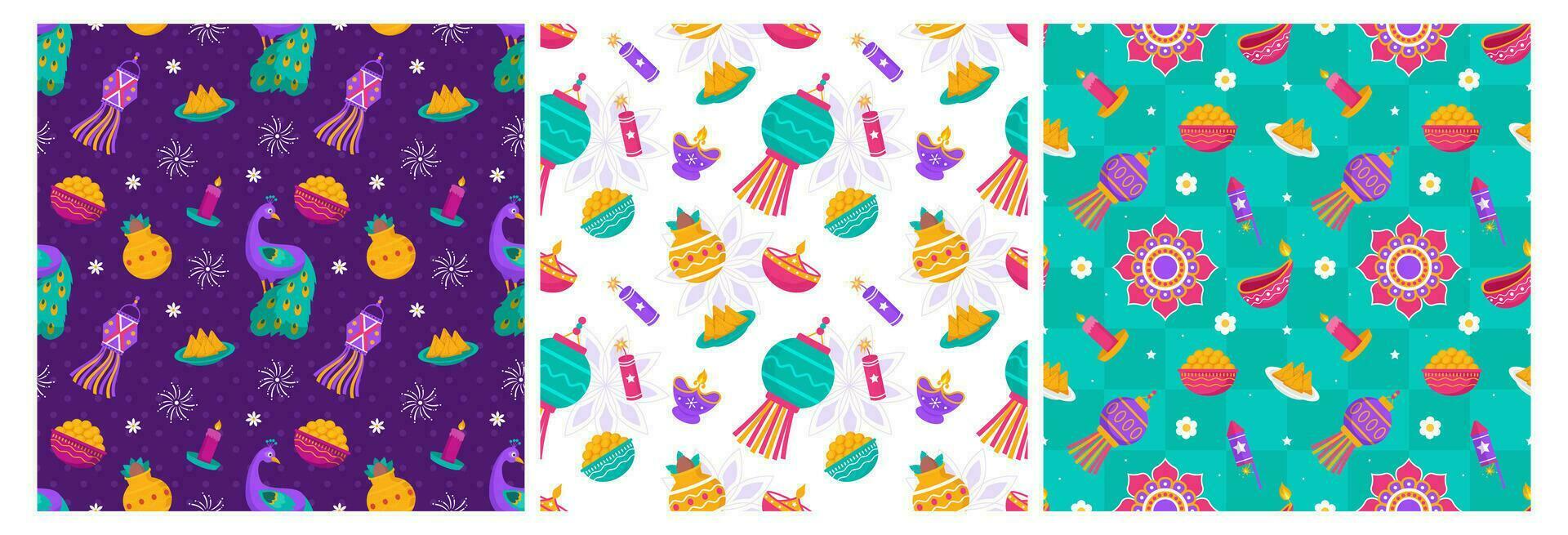 Set of Happy Diwali Seamless Pattern Illustration Design with Light Festival of India Ornament in Cartoon Hand Drawn Template vector