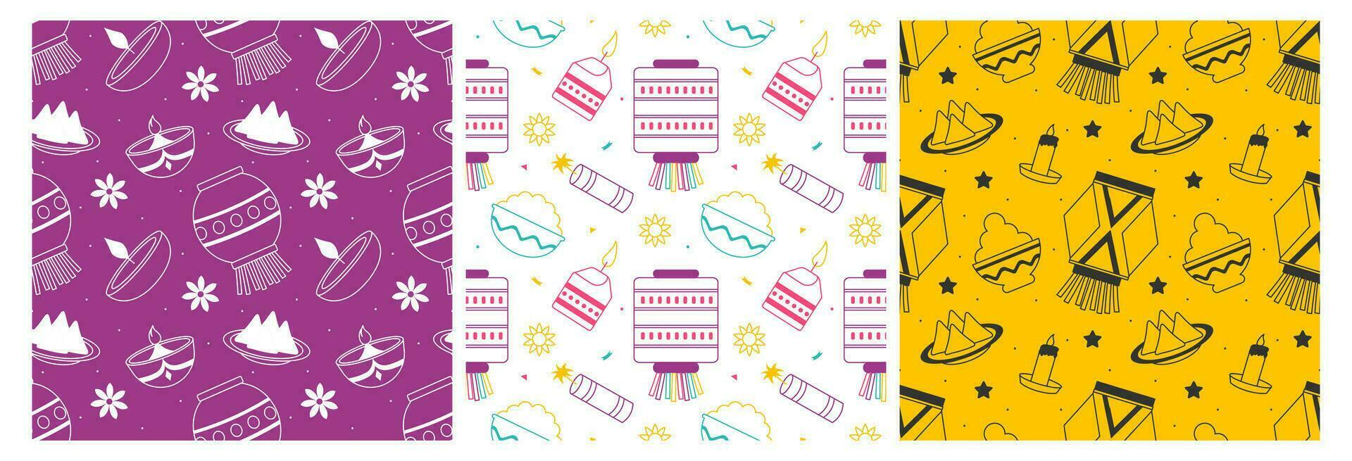 Set of Happy Diwali Seamless Pattern Illustration Design with Light Festival of India Ornament in Cartoon Hand Drawn Template vector