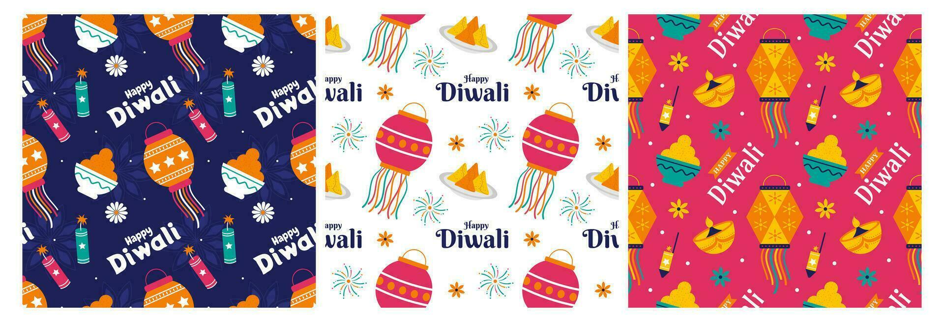 Set of Happy Diwali Seamless Pattern Illustration Design with Light Festival of India Ornament in Cartoon Hand Drawn Template vector