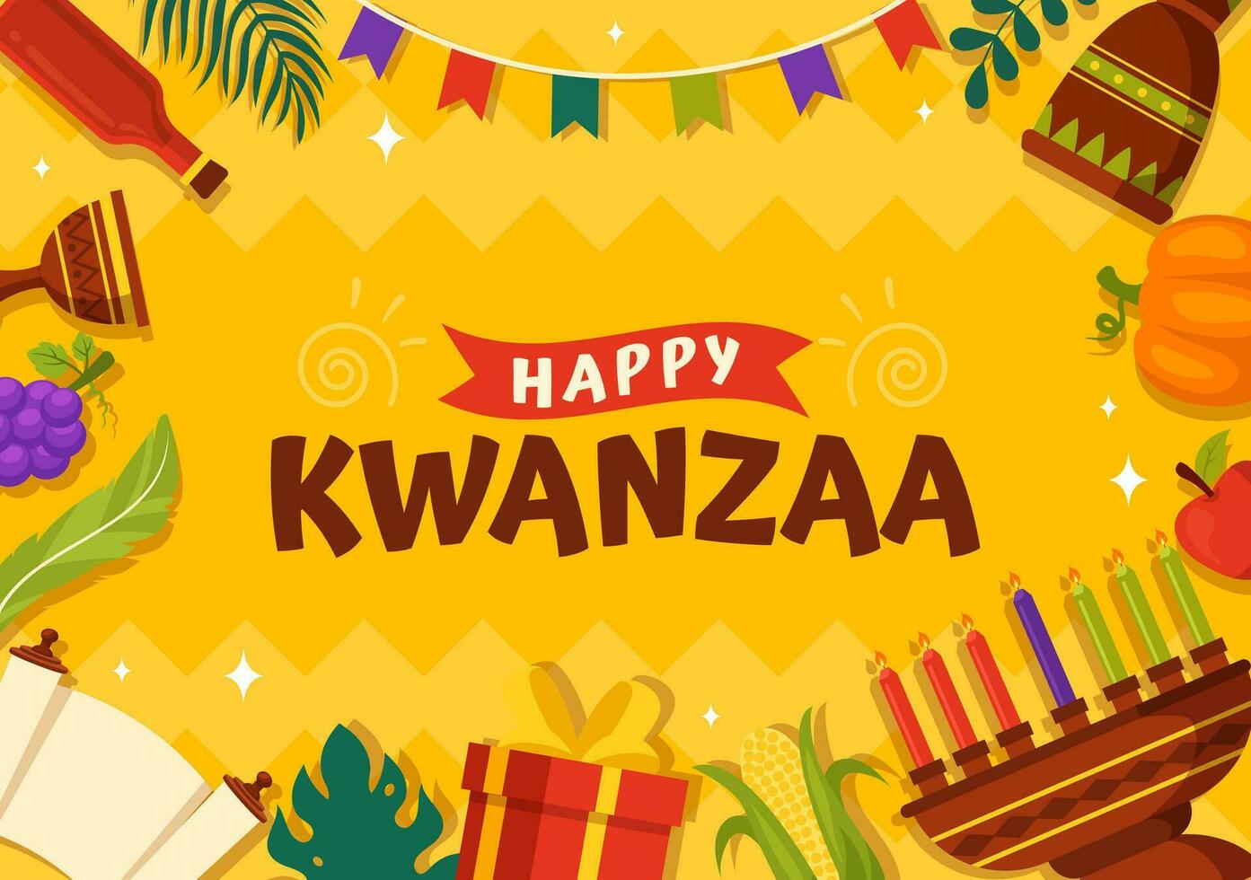 contento kwanzaa vector ilustración con mazao, zawadi, mkeka, kinara, regalos, taza, velas en tradicional fiesta africano símbolo plano dibujos animados antecedentes