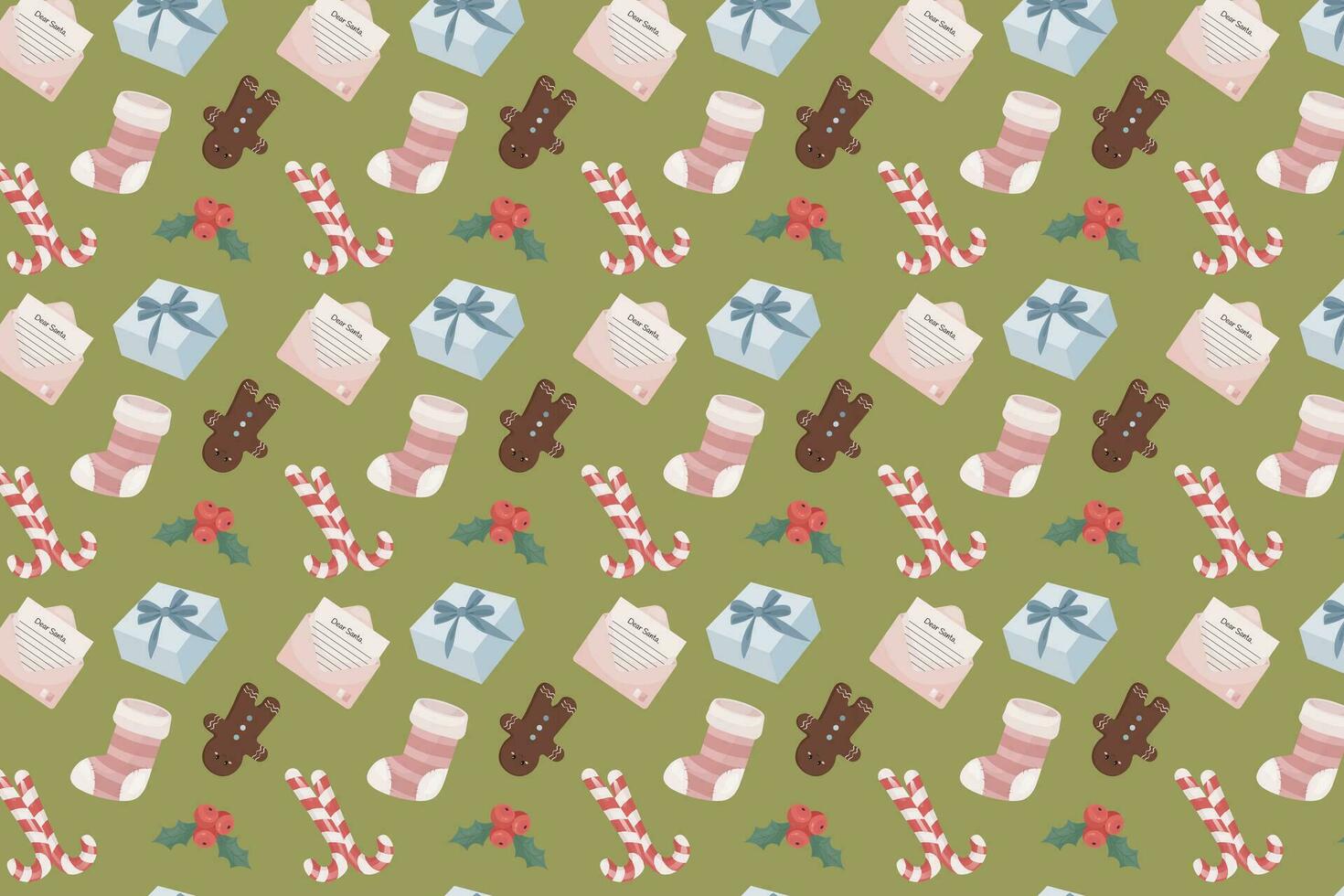Cute festive elements in cartoon style, flat style. Seamless pattern, craft paper,  Textiles, wrapping paper, wallpaper. Christmas, new year, celebration vector