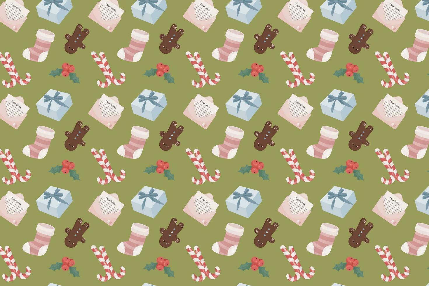 Cute festive elements in cartoon style, flat style. Seamless pattern, craft paper,  Textiles, wrapping paper, wallpaper. Christmas, new year, celebration vector