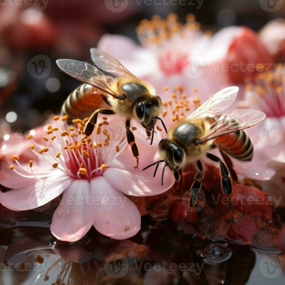 Honey bee collecting nectar from flowers in water, closeup, 3d rendered. AI Generative photo