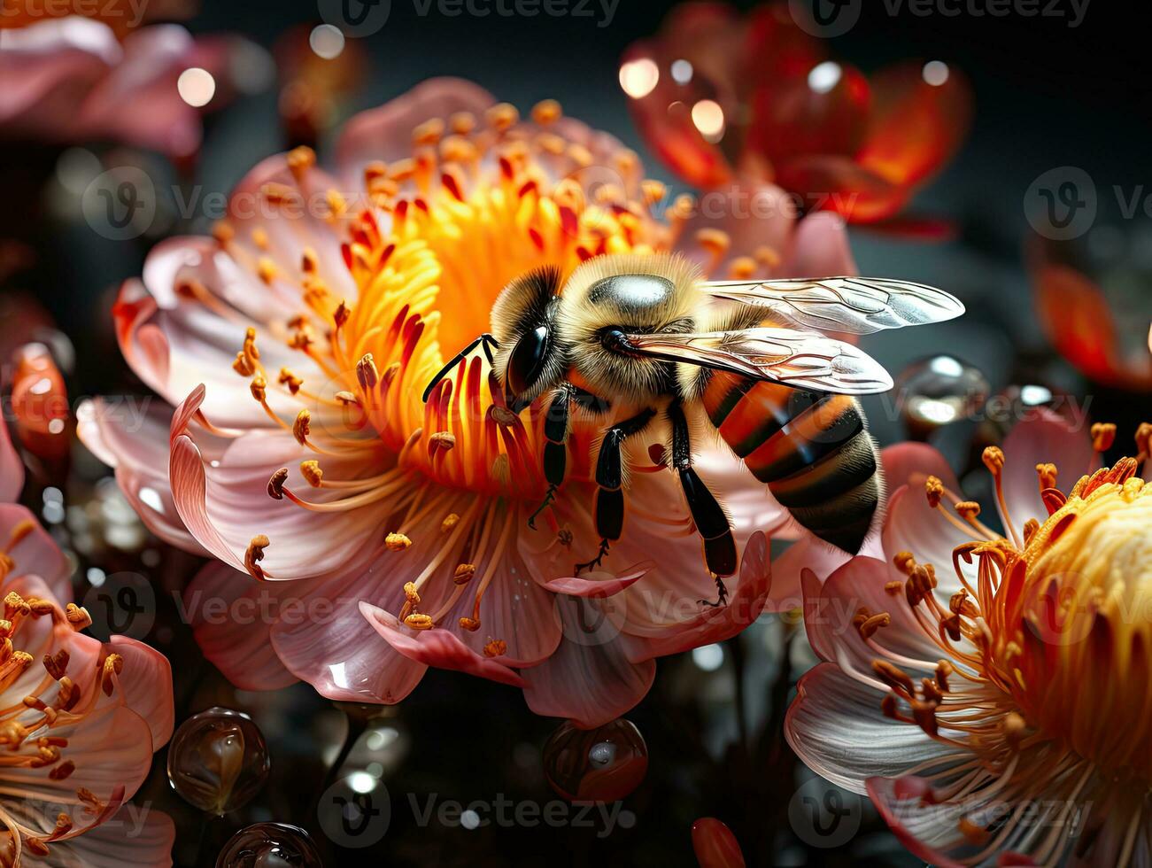 Honey bee collecting nectar from flowers in water, closeup, 3d rendered. AI Generative photo