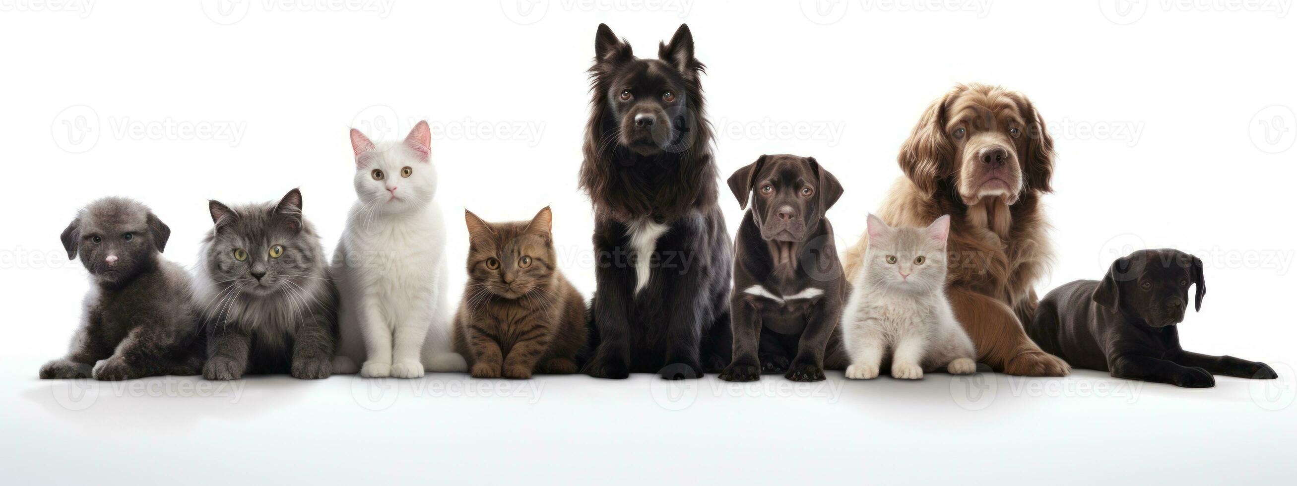 Group of dogs and cats sitting in front of a white background.  AI Generative photo