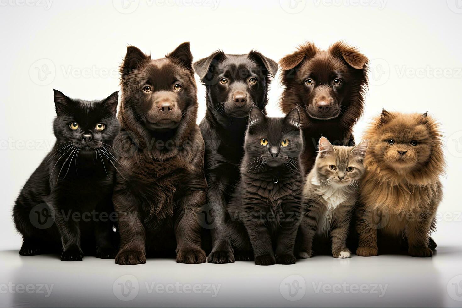 Group of dogs and cats sitting in front of a white background.  AI Generative photo