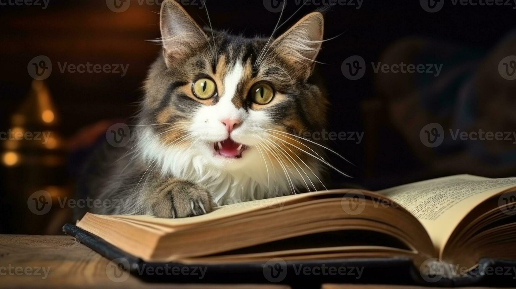 Tricolor cat lying on a book and looking at the camera. AI Generative photo