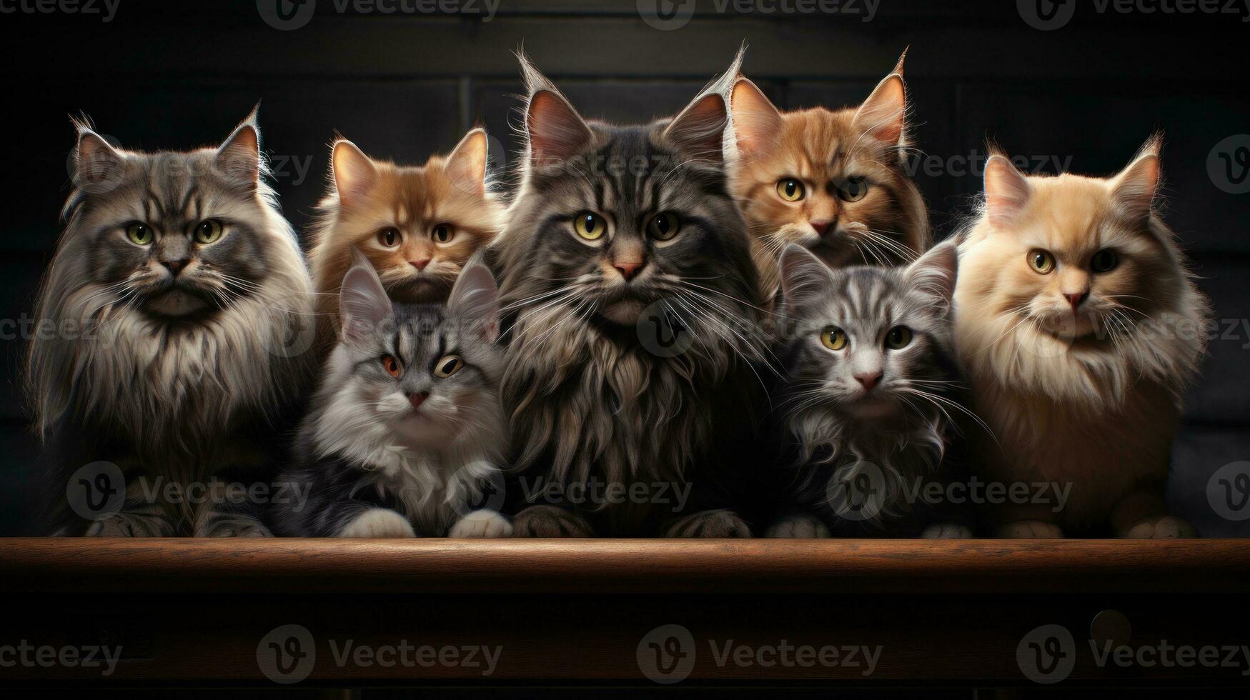Group of cats in a wooden box on a brick wall background. AI Generative photo