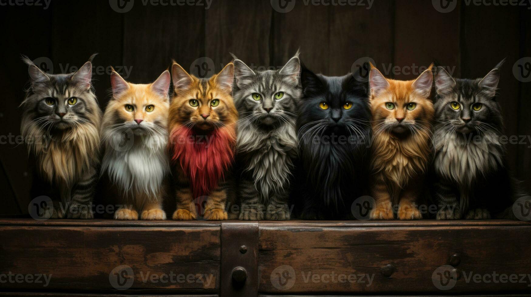 Group of cats in a wooden box on a brick wall background. AI Generative photo