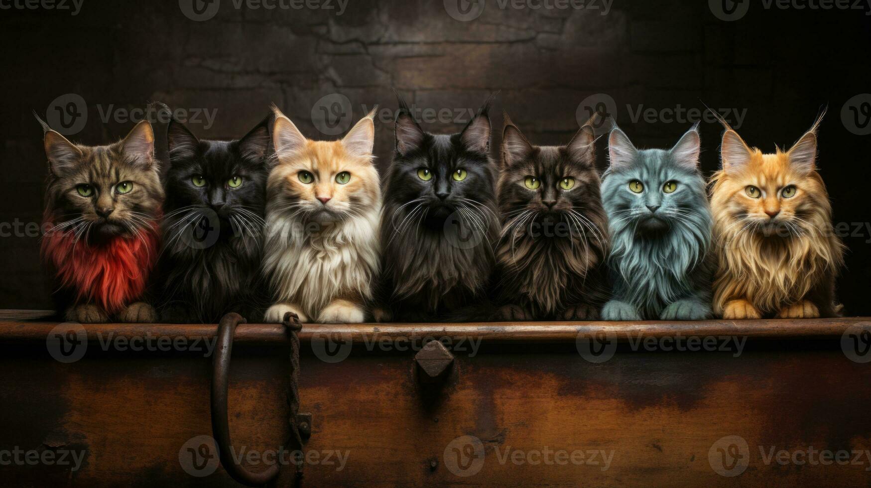 Group of cats in a wooden box on a brick wall background. AI Generative photo