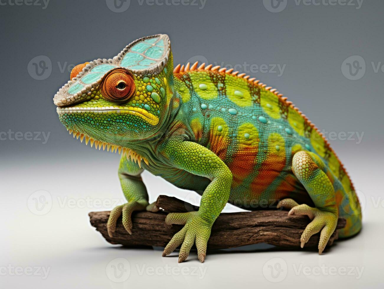 Green chameleon on a gray background. Studio shot. Isolated. side view, Studio shot.  AI Generative photo