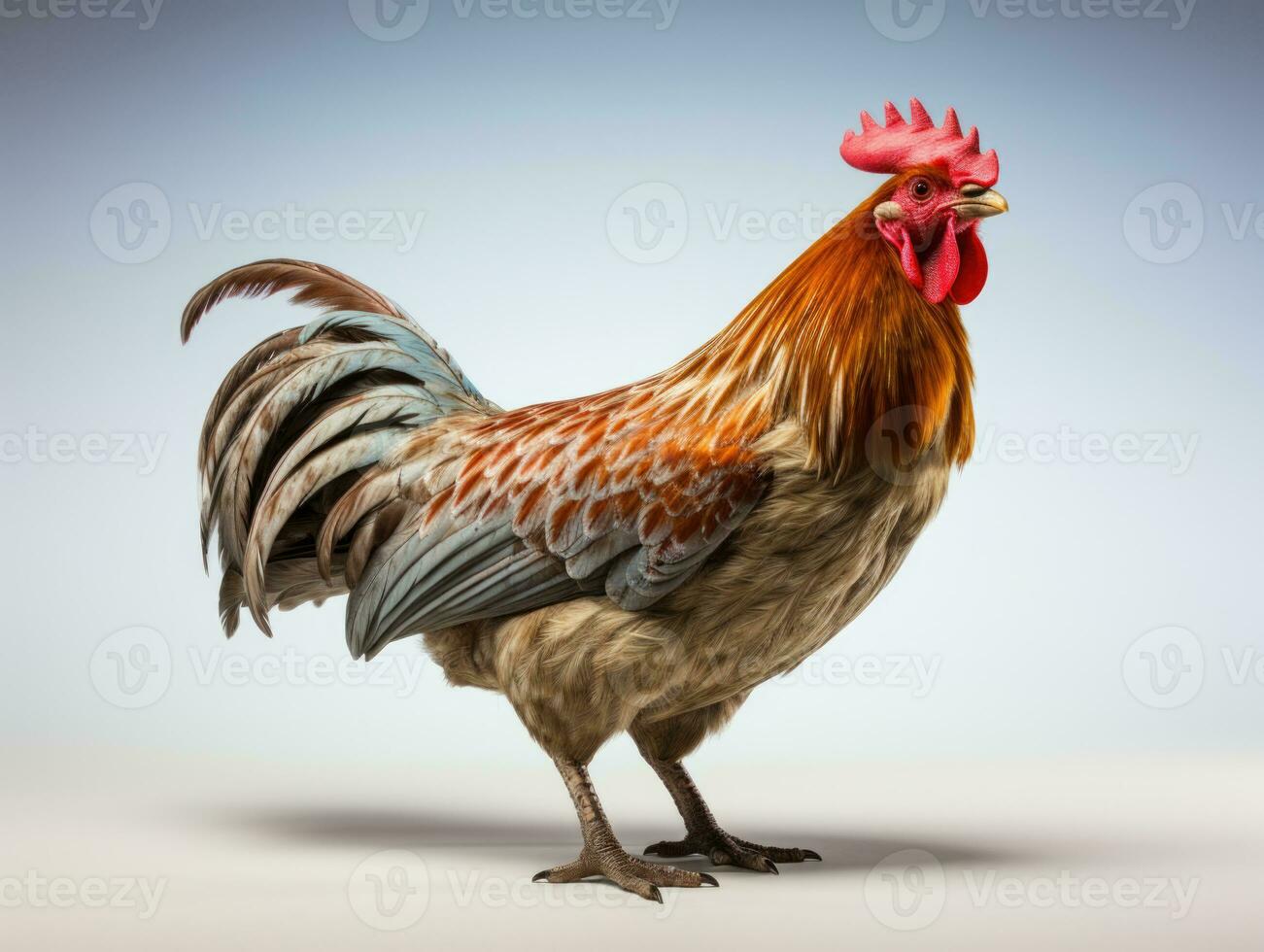 Beautiful rooster isolated on white background, studio shot, side view, 3D illustration. AI Generative photo