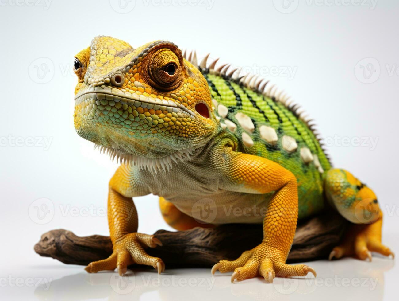 Green chameleon on a gray background. Studio shot. Isolated. side view, Studio shot.  AI Generative photo