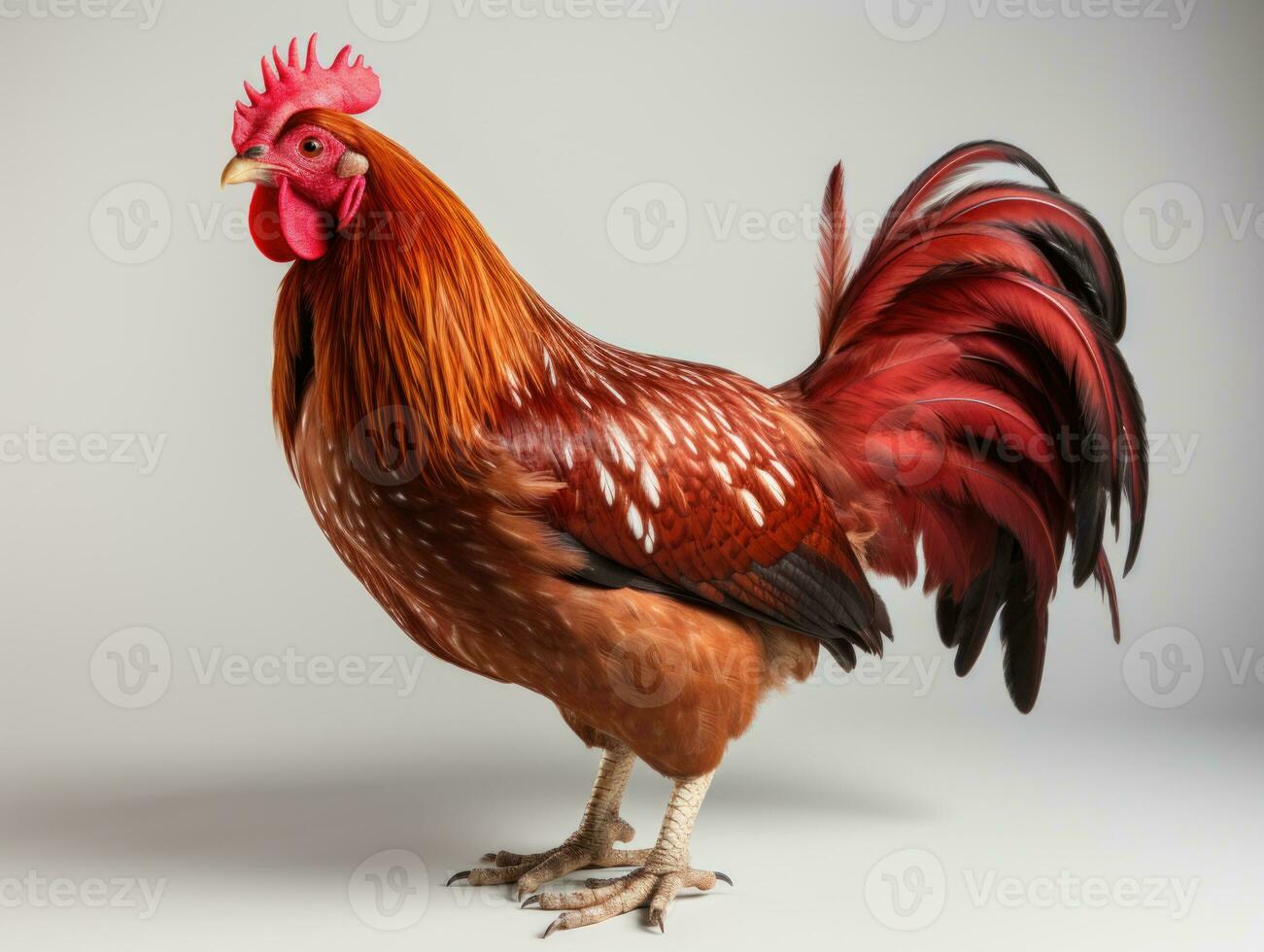 Beautiful rooster isolated on white background, studio shot, side view, 3D illustration. AI Generative photo