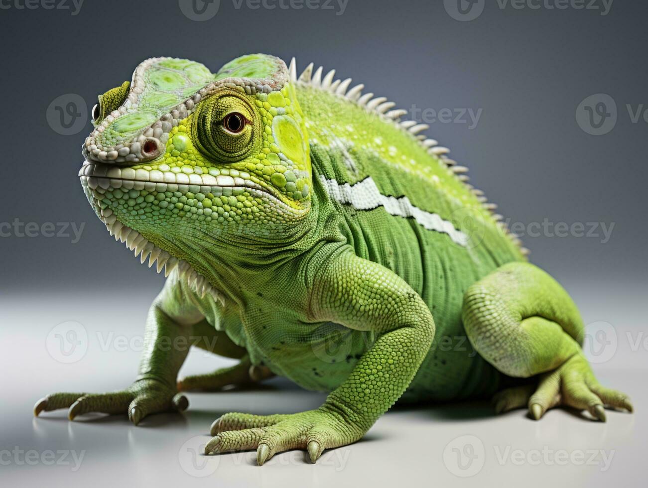 Green chameleon on a gray background. Studio shot. Isolated. side view, Studio shot.  AI Generative photo