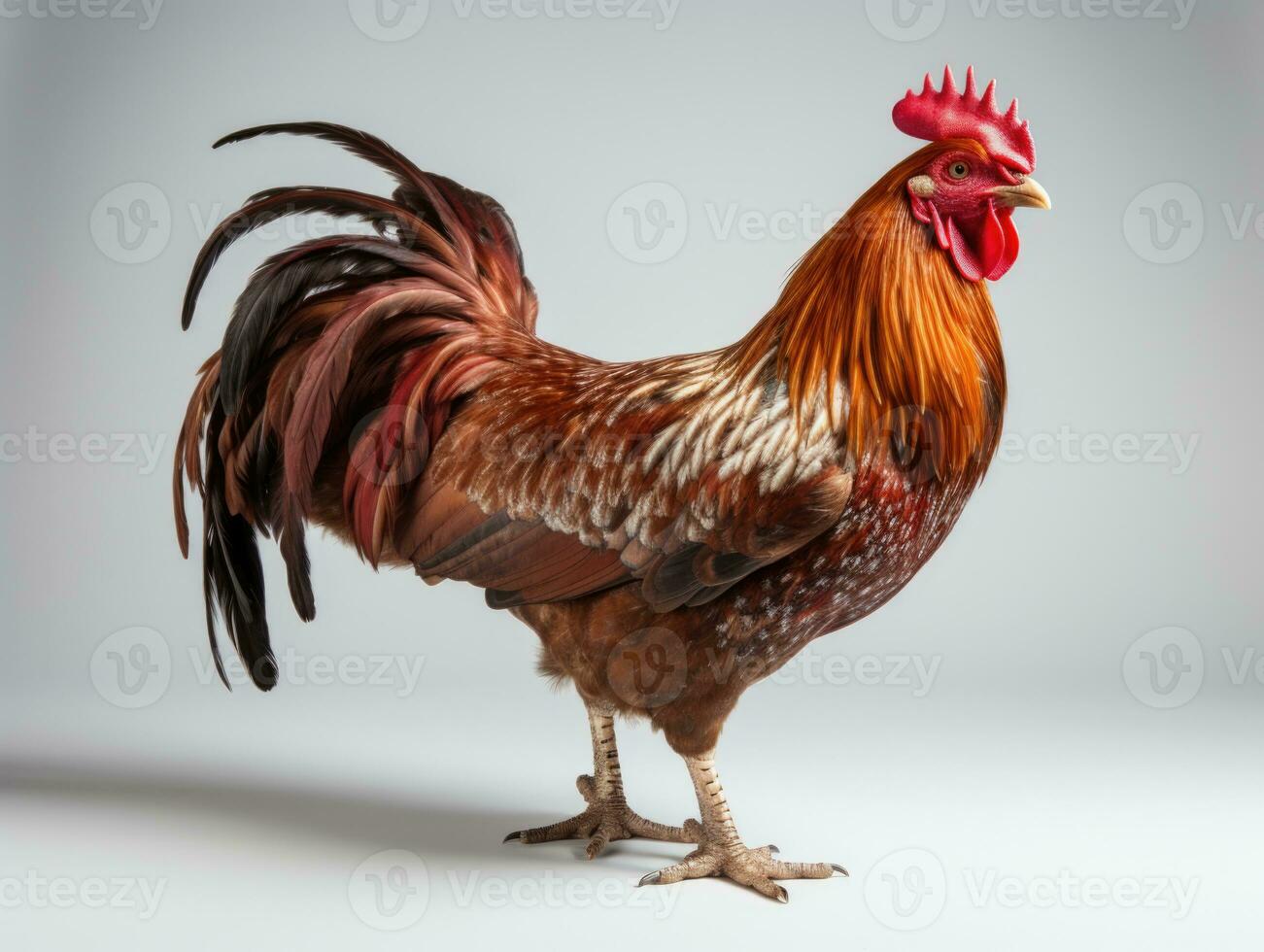 Beautiful rooster isolated on white background, studio shot, side view, 3D illustration. AI Generative photo