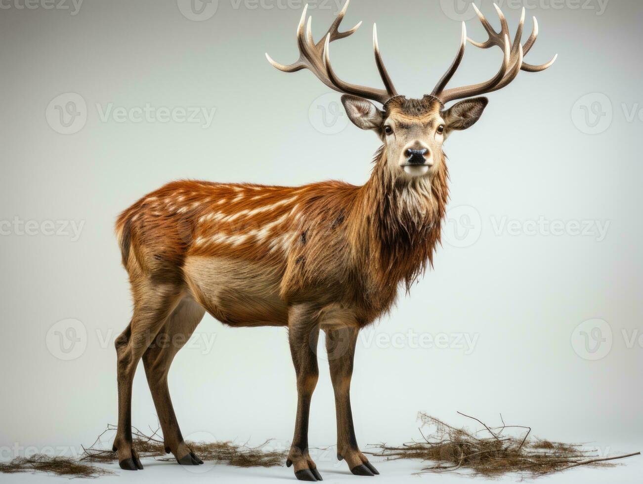 Portrait of a young whitetail deer isolated on gray background. Deer with big antlers standing. 3d illustration AI Generative photo