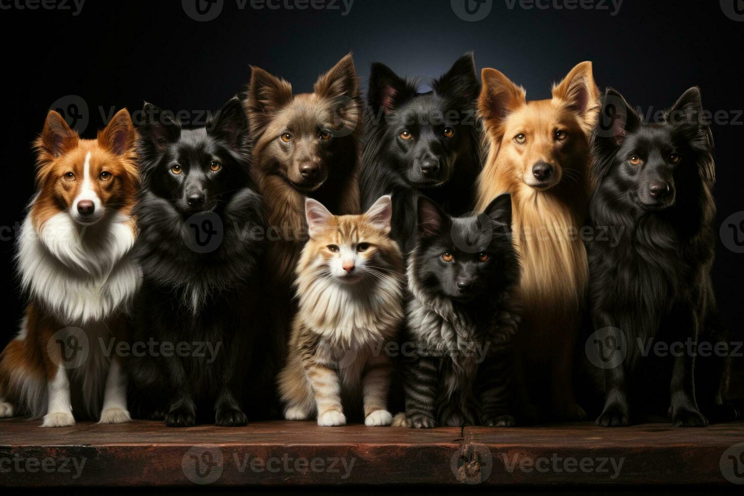 Group of dogs and cat in a studio on a black background. AI Generative photo