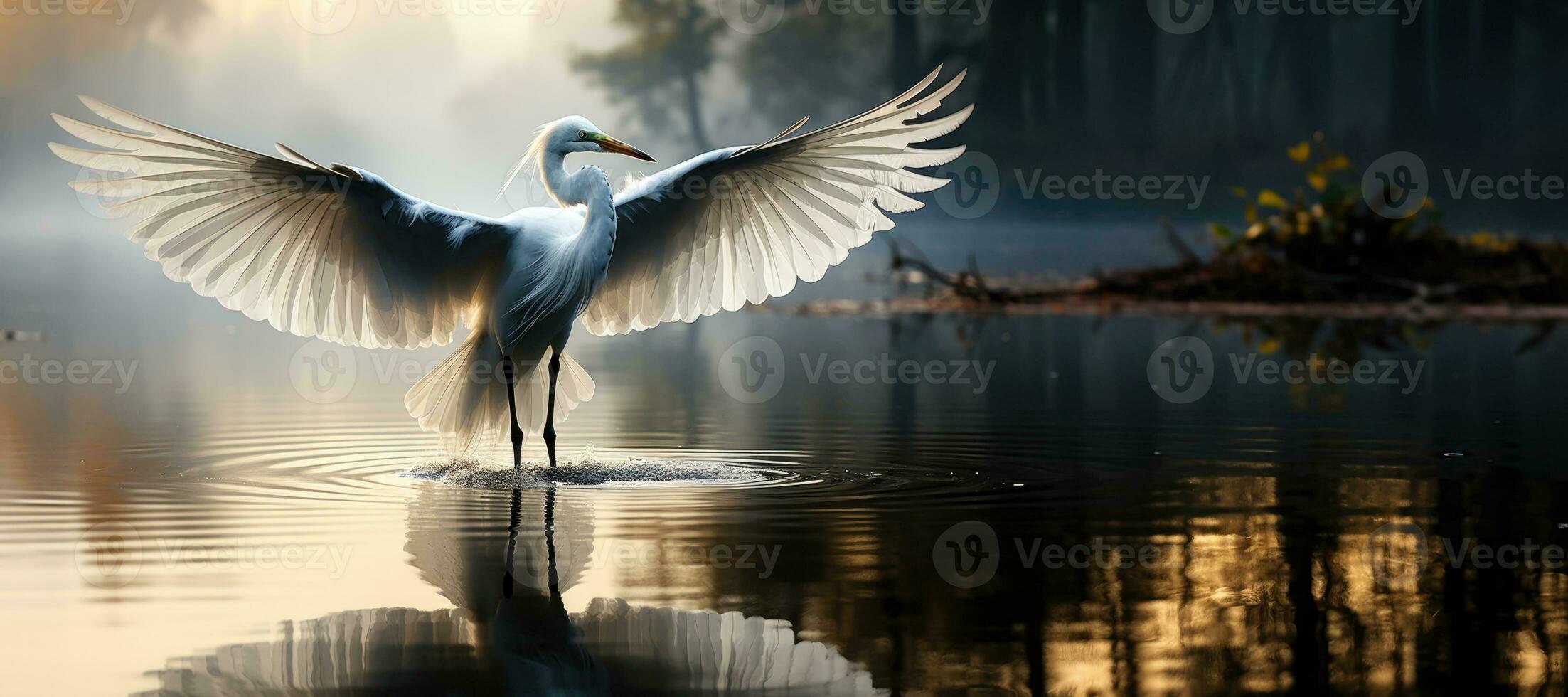 Great White stork  in the foggy mystic forest, on the lake. a large stork with spread its wings AI Generative photo