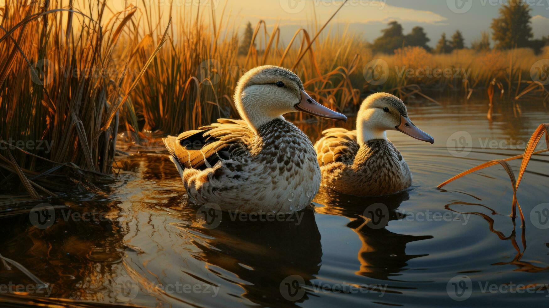 Duck swimming in the lake at sunset. Beautiful duck on the lake. AI Generative photo