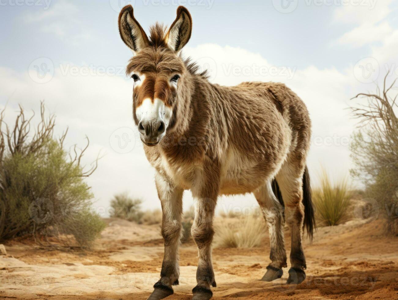 Portrait of a donkey on a gray background. Close-up. AI Generative photo