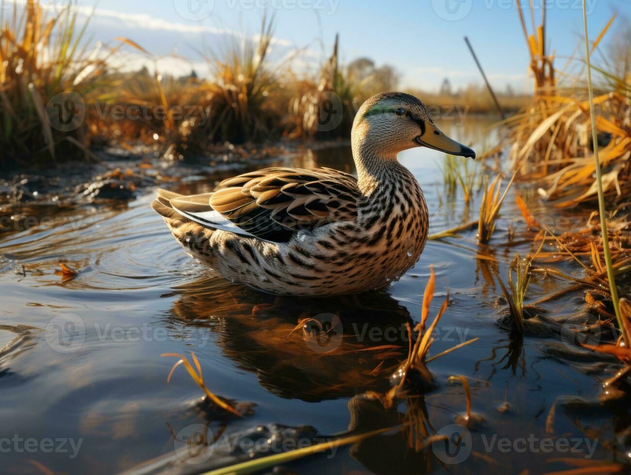 Duck swimming in the lake at sunset. Beautiful duck on the lake. AI Generative photo