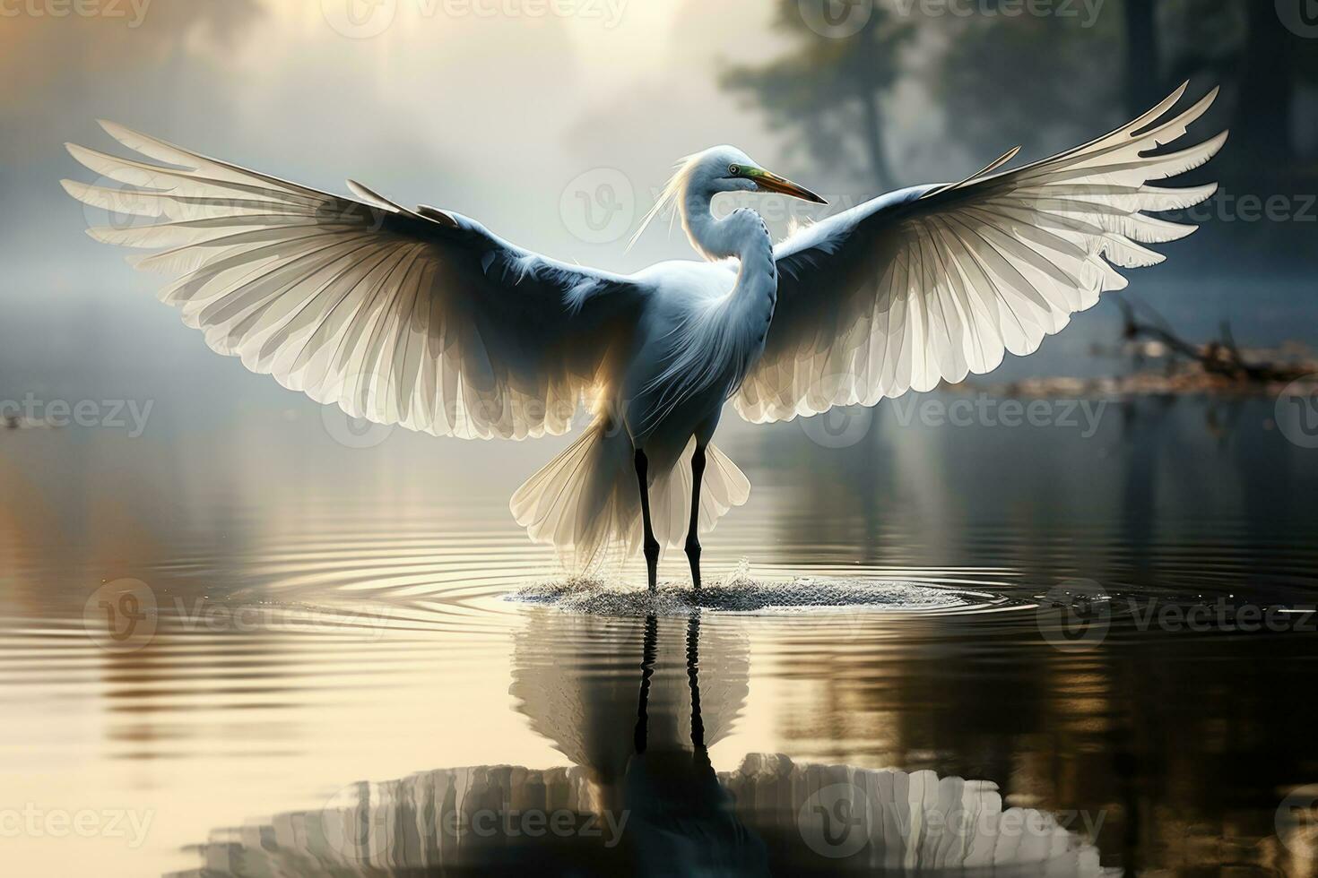 Great White Pelican Pelecanus onocrotalus in the foggy mystic forest, on the lake. a large pelican with spread its wings. AI Generative photo