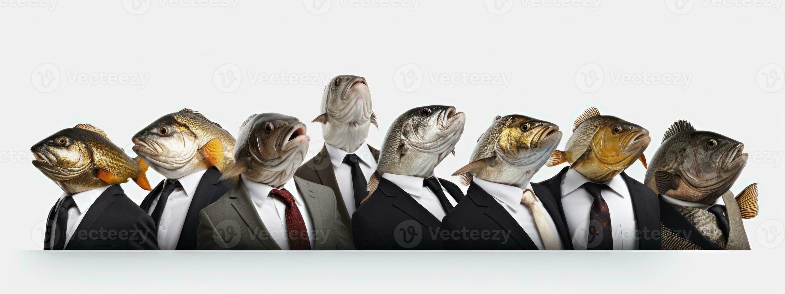 Group of business people with heads in the form of a fish.  AI Generative photo