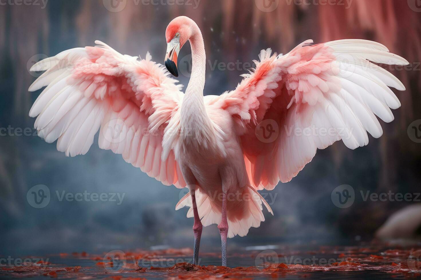 Pink flamingo with spread wings in the misty forest. 3D illustration. Wildlife scene from nature. AI Generative photo