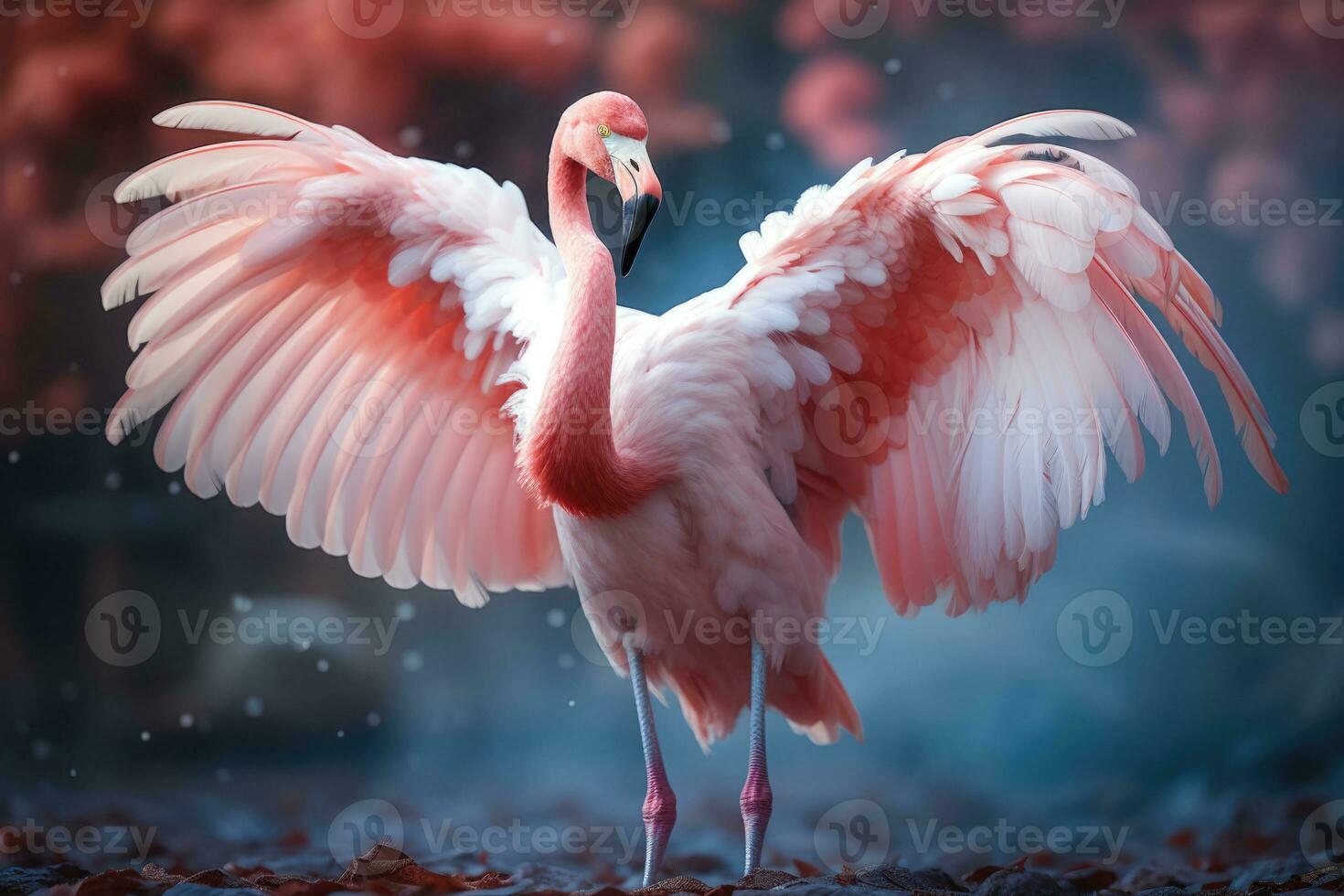 Pink flamingo with spread wings in the misty forest. 3D illustration. Wildlife scene from nature. AI Generative photo