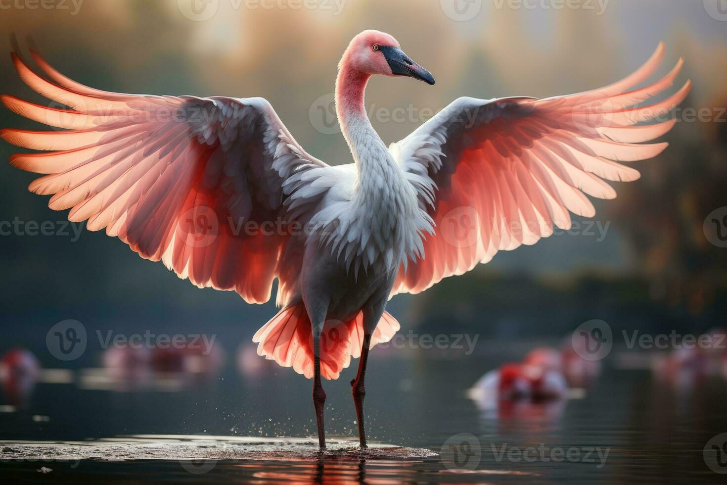 Pink flamingo with spread wings in the misty forest. 3D illustration. Wildlife scene from nature. AI Generative photo