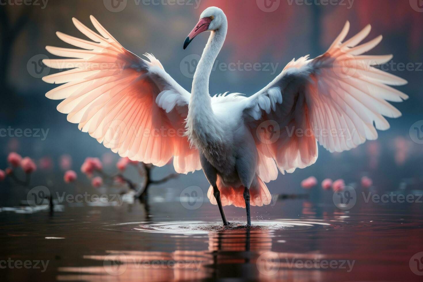Pink flamingo with spread wings in the misty forest. 3D illustration. Wildlife scene from nature. AI Generative photo